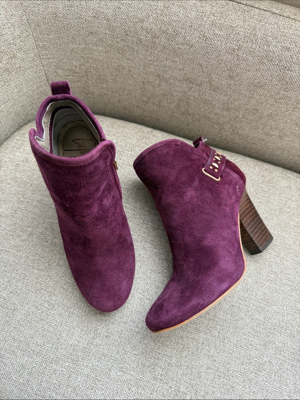 Anthropologie Plum Purple Suede Block Heel Ankle Boots